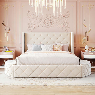 Upholstered Platform Bed Storage Velvet Bed with Wingback Headboard and 1 Big Drawer,2 Side Storage Stool