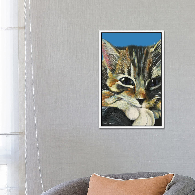 Tabby On Blue by Kirstin Wood - Painting on Canvas, 66.04 cm H x 45.72 cm W, White Framed Canvas