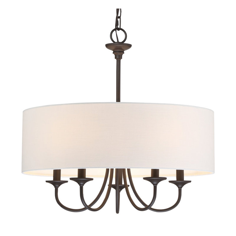 Lustre traditionnel 5 lumières Fedele 21 + abat-jour tambour en lin blanc, finition bronze huilé