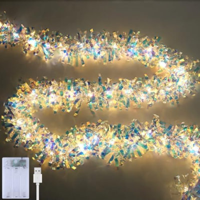 16.5FT/5M Christmas Tinsel Garland With Lights, Shiny Iridescent Foil Garland For Christmas Tree, Wedding Birthday Party Supplies, New Year Holiday Parties, Indoor Outdoor Hanging Home Décor
