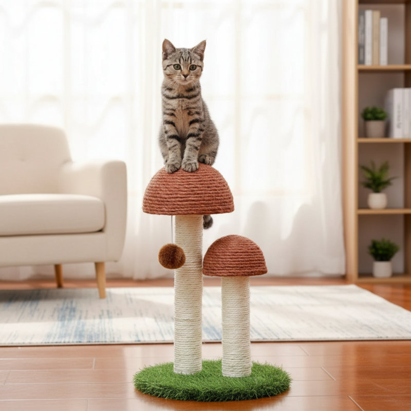 Grattoir en forme de champignon, fabriqué en sisal naturel, spécialement conçu pour les chatons et les petits chats. Couleur brune élégante et pratique.