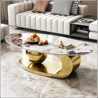 Table basse 51 pouces ovale en faux marbre avec base en acier inoxydable durable pour un salon élégant