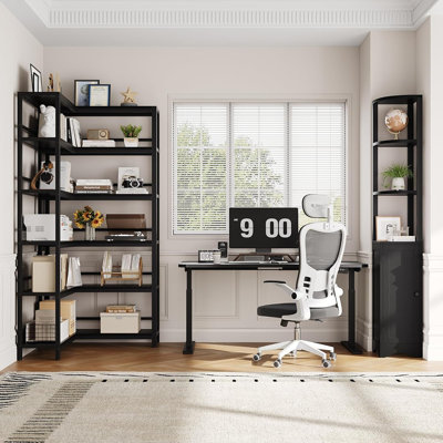 Tall Corner Bookshelves, 2-Piece 6-Tier Open Bookcase With Cabinet, Wood And Metal Storage Display For Home Office Or Living Room