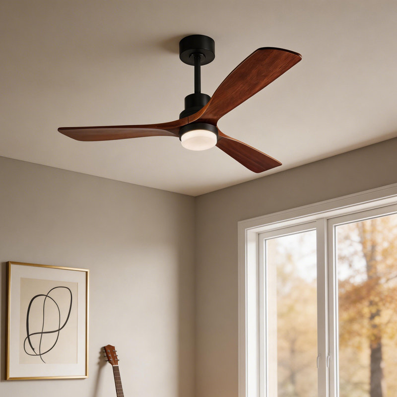 52 Inch Natural Wood Ceiling Fan With LED Light, Includes Remote Control, 52" Wide