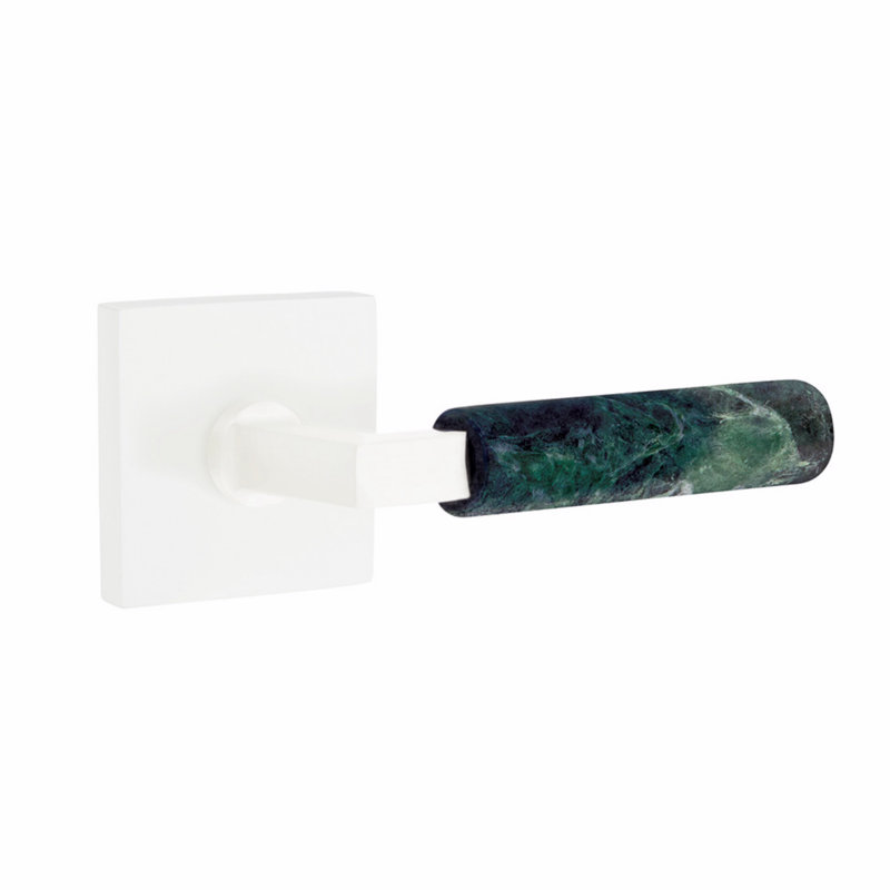 Ensemble de leviers d'intimité Emtek Select, rosette carrée, tige carrée en L, poignée en marbre blanc, CF, Blanc mat