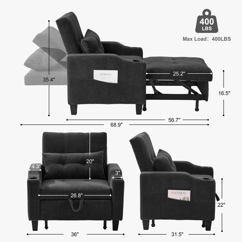 Fauteuil convertible 36 po avec poignée - 36 po, Noir