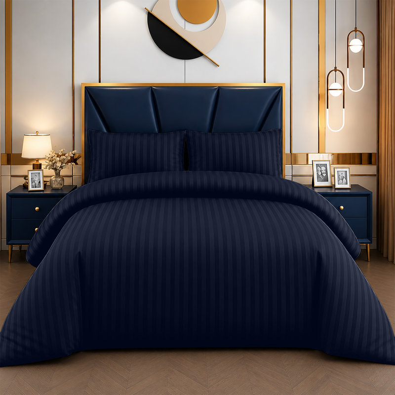 Microfiber Striped Duvet Cover Set with Matching Pillowcases and Stripe Fitted Sheet, Navy