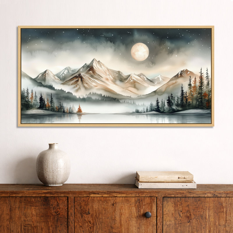 Gris gris, ciel nocturne sur une chaîne de montagnes - art mural encadré gris, impressions sur toile rustiques
