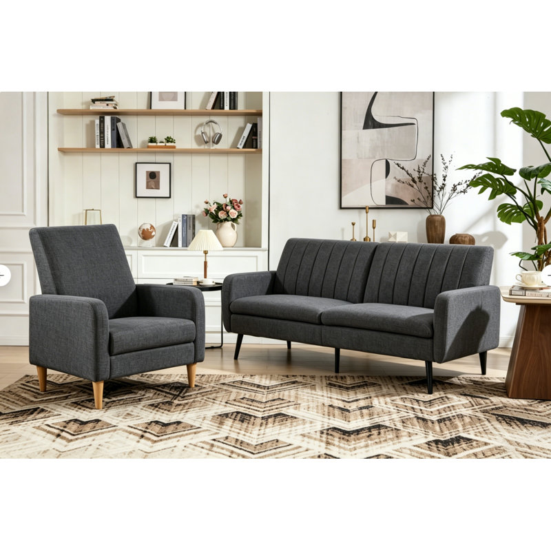 Modern Upholstered Living Room Set With Wooden Legs & Convertible Backrest, 2 Pcs: Sofa, Chair, Dark Grey