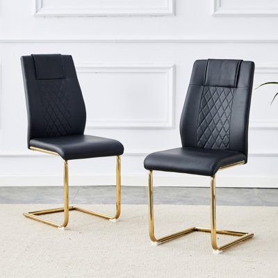 De 6 chaises de salle à manger, sièges rembourrés en similicuir, pieds en métal doré rembourrés, pour des endroits variés, et chaises à la mode, rembourrage en polyuréthane noir, revêtement, différentes pièces, confortable
