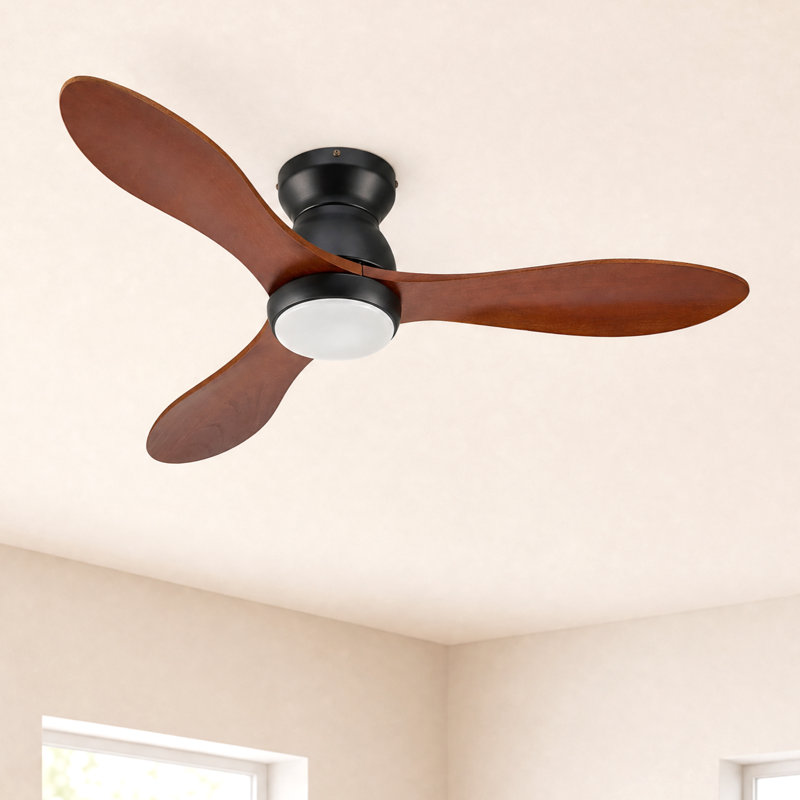 42" Flush Mount Low Profile Small Room Solid Wood Ceiling Fan with LED Light and Remote, Brown Wood