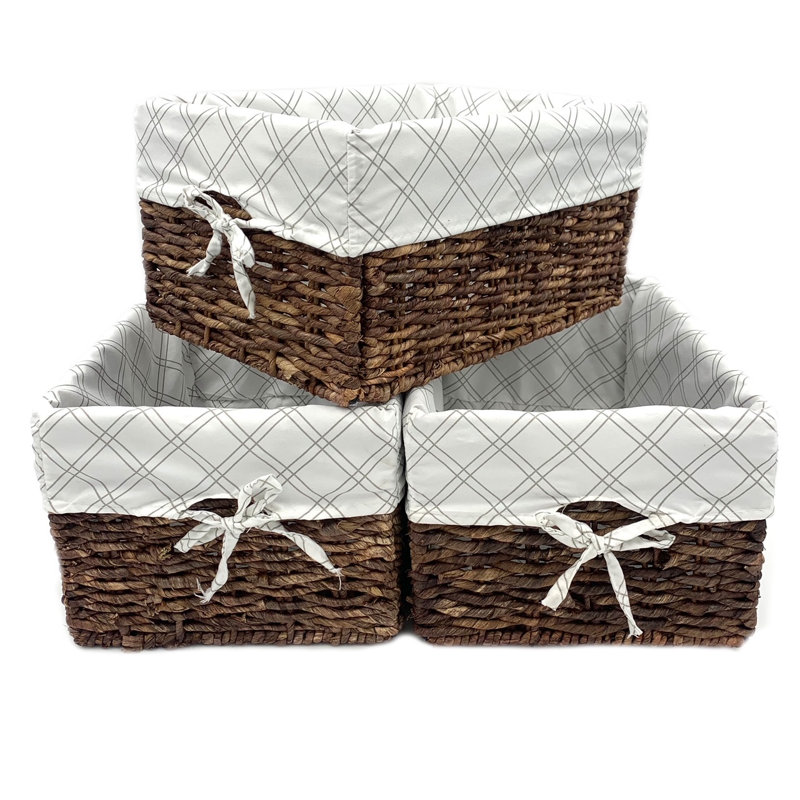 Panier de rangement rectangulaire en maïs tissé à la main - ensemble de 3 - doublure treillis, Brun / blanc