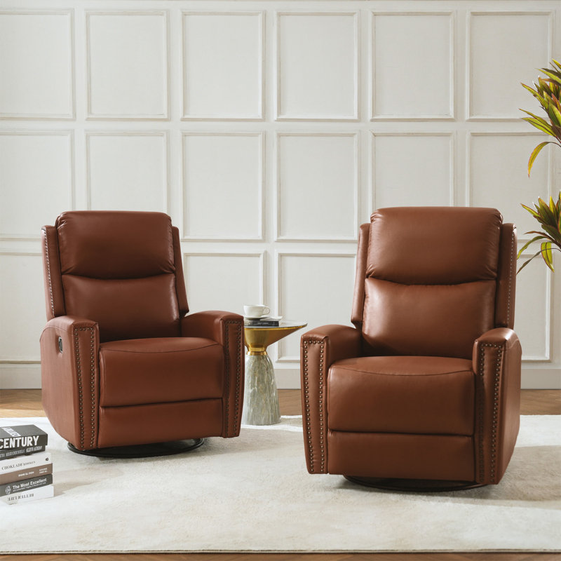 Ramus 30.31'' Wide Genuine Leather Swivel Rocker Recliner Set of 2, Brown