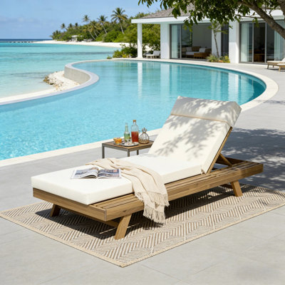 Lounge Chaise Set With Headrest, Space Available On One Side, Acacia Wood With Water-Resistant Lounge Cushions (3-Fold & 4 Inch)