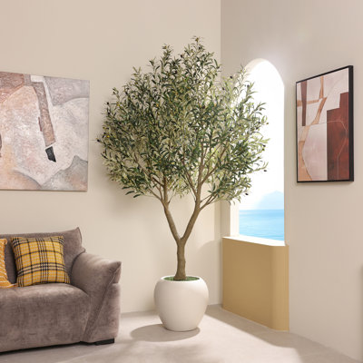 8FT Artificial Olive Tree - Tall Artificial Olive Tree As A Realistic Artificial Olive Tree, Silk Olive Tree Style, Faux Olive Tree With Planter - 4208 Leaves, 188 Fruit, Bendable Branches, 18In Off-White Planter/Pot - Indoor Living Room, Entryway, Offic