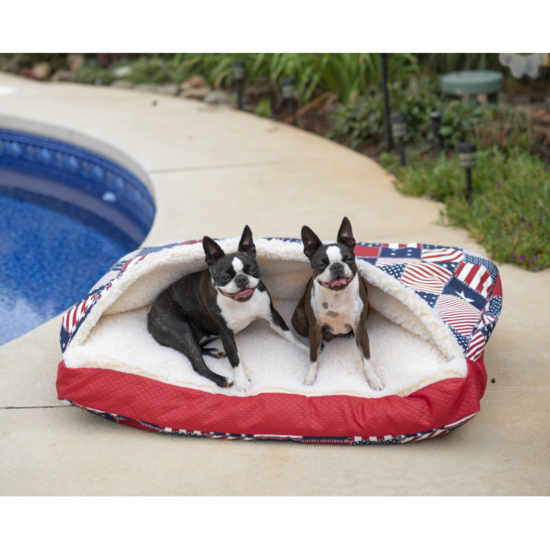 Small Red and Blue Polyester Hooded Outdoor Dog Bed