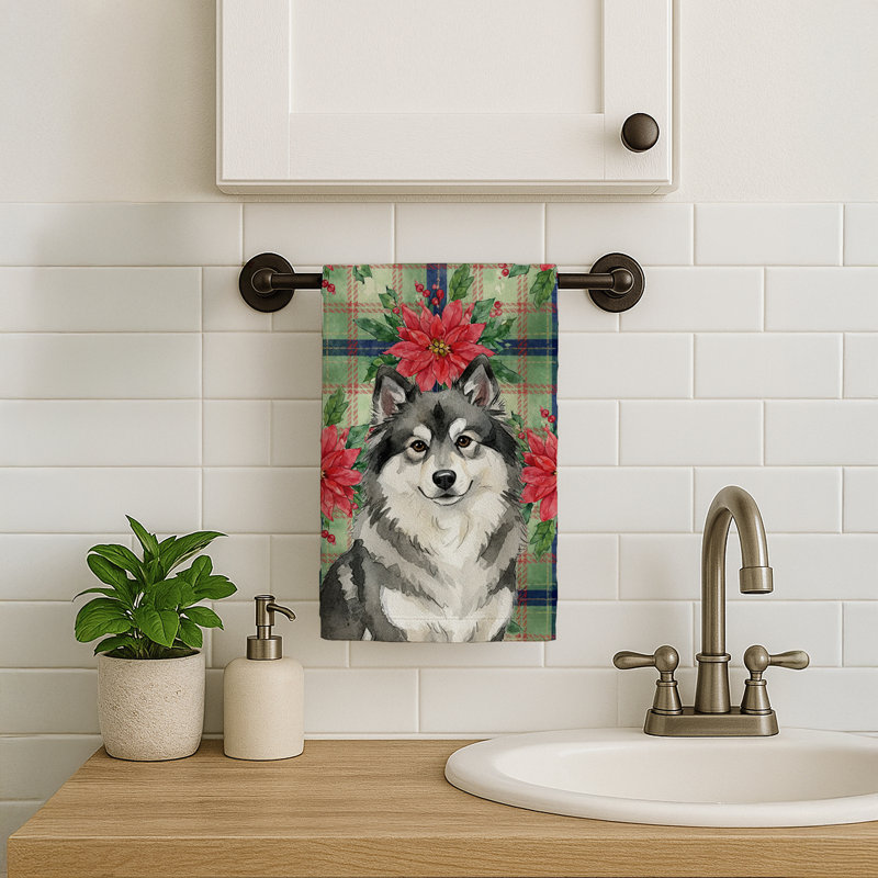 Keeshond Christmas PoinsettIas Kitchen Towel, Black/White Keeshond