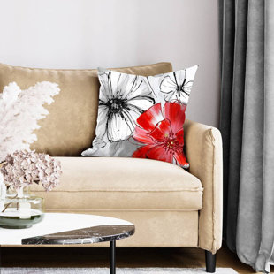 Red & White Flowers Sketch Square Throw Pillow