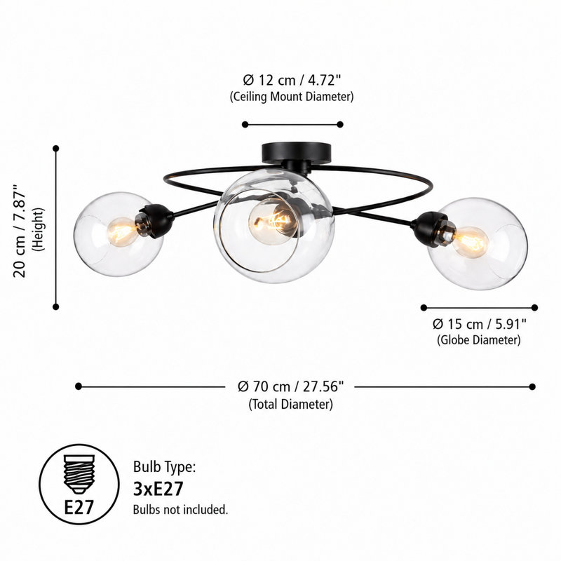 Glass Semi Flush Mount, Clear, 3 Lights, Transparent