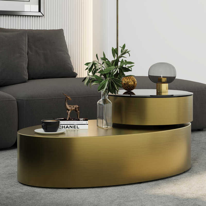 Table basse gigogne extensible moderne, table de salon ovale avec plateau tournant, Or/noir