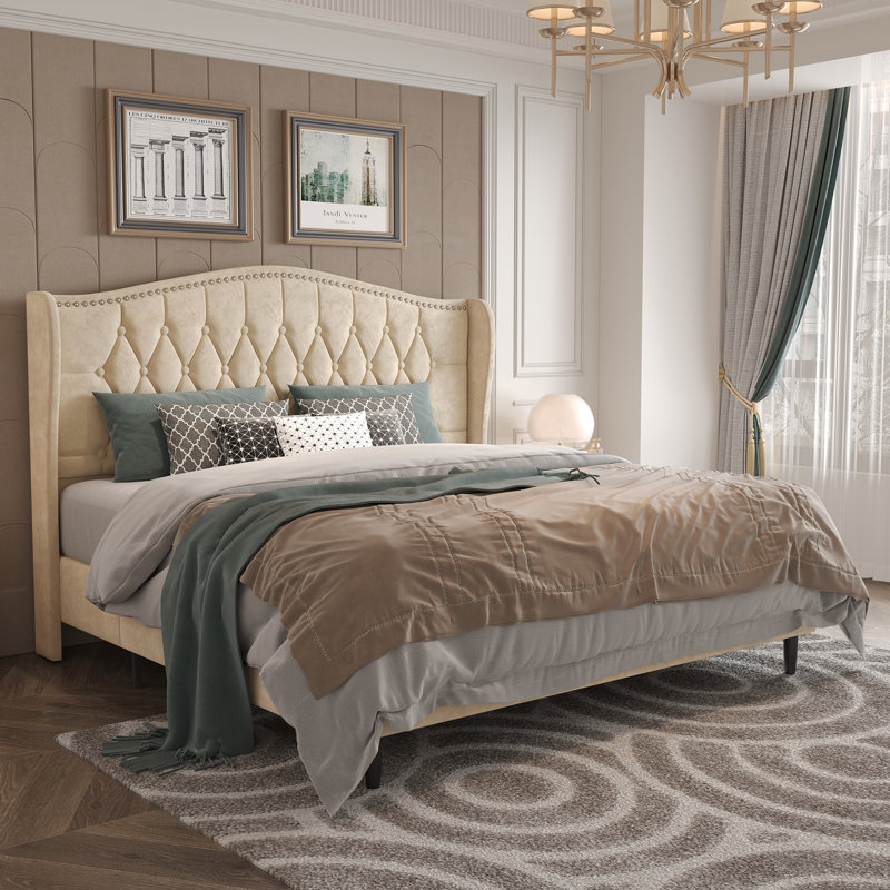 Upholstered Tufted Headboard Bed Wingback Bed, Full / Double, Beige