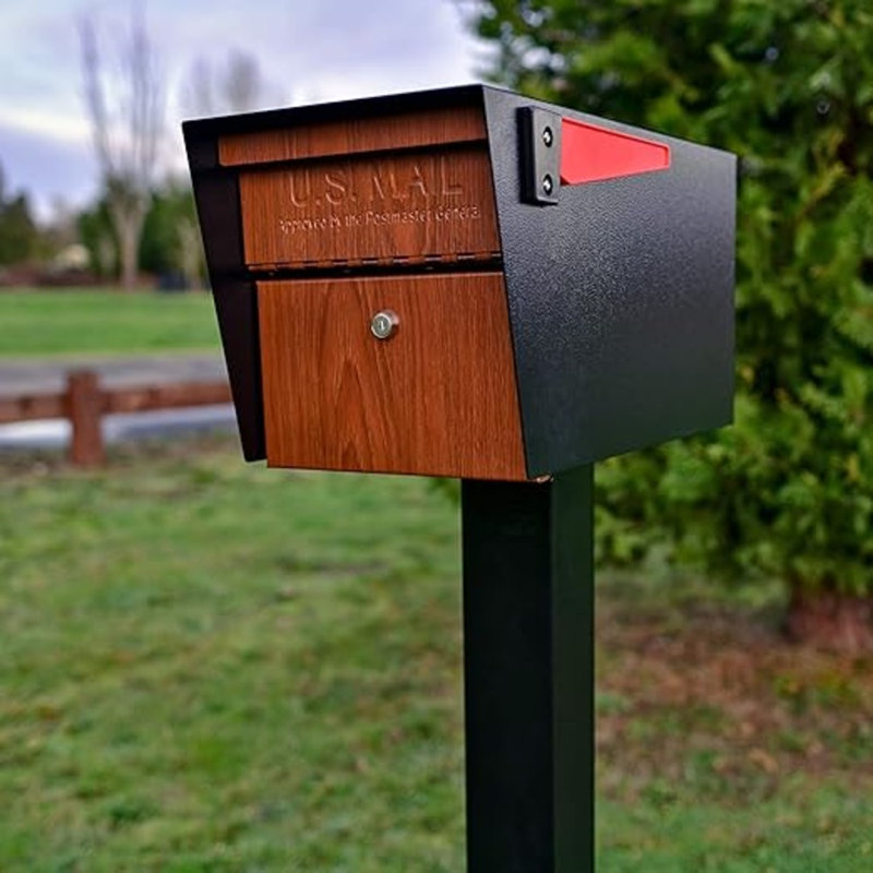 Steel Post Mounted Mailbox with Magnetic Closure, Black & Woodgrain