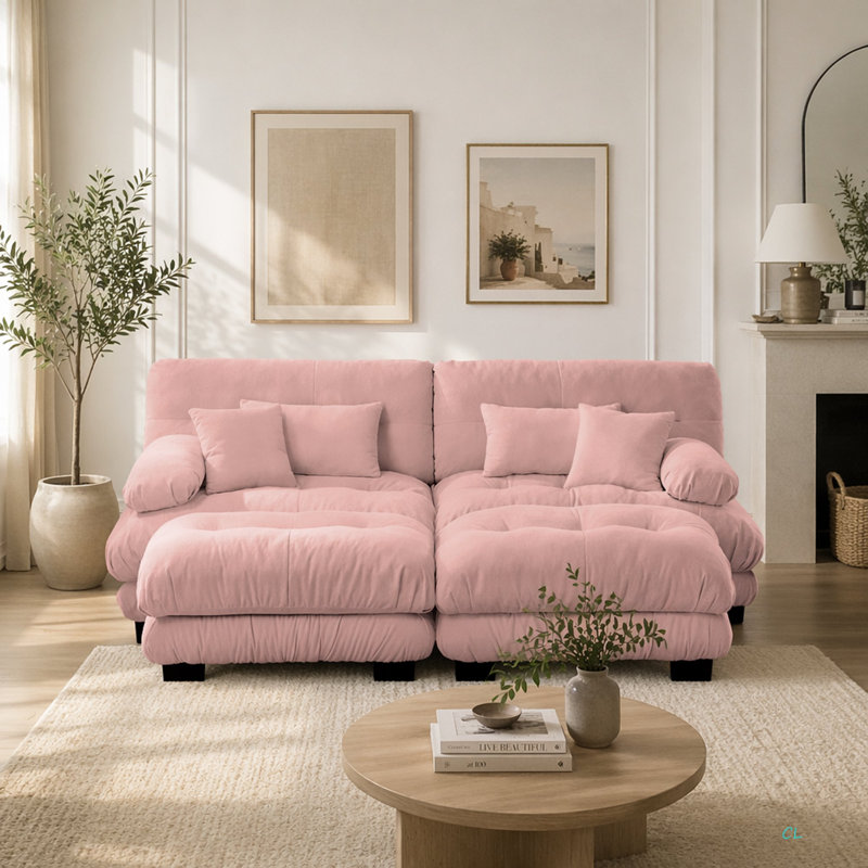 Canapé-lit Cloud pour le salon, canapé 2 places en chenille avec 2 coussins lombaires et 2 coussins décoratifs, canapé rembourré à accoudoirs larges avec 2 repose-pieds, chenille