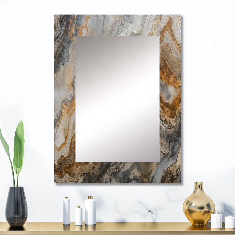 Or et gris A Marble Effect II - miroir en marbre, miroir mural décoratif moderne, impression d'art en métal, 32 po x 24 po