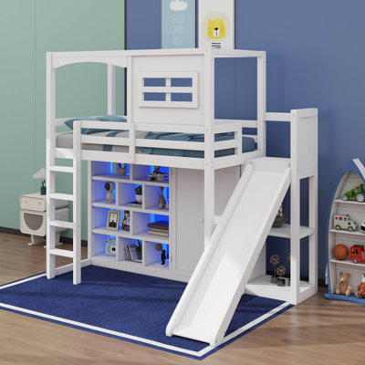 Lit mezzanine simple avec garde-robe, tablettes de rangement, glissoire et DEL