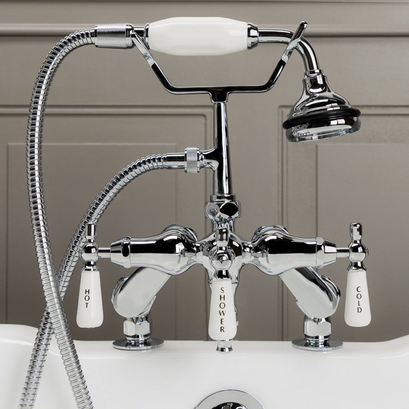 3 Handle Deck Clawfoot Tub Faucet with Diverter, Chrome