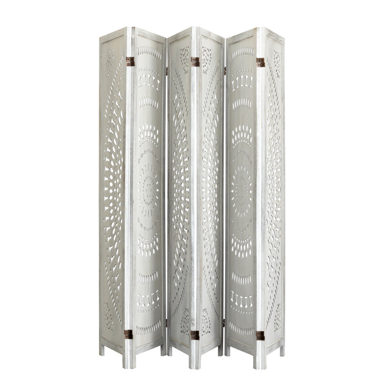 Paravent en bois massif 67 po avec motif floral sculpté à la main, Blanc, 6