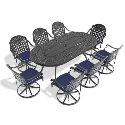 Ensemble de salle à manger 9 pièces en fonte d'aluminium toutes saisons, comprenant 8 chaises pivotantes et une table ovale avec cadre noir