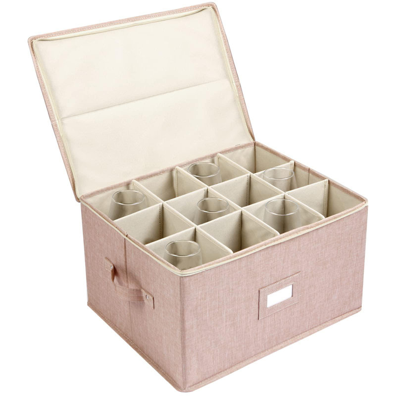 Wine Glass Storage Box, Stemware Storage Containers Cases With Dividers, Stackable Moving Supplies For 12 Wine Glasses,Beige