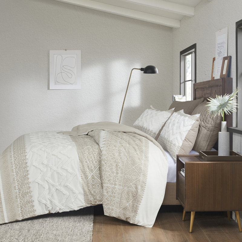 Housse de couette en coton 3 pièces pour grand lit, capitonnage en chenille, toucher, design, envers taupe, literie lavable pour grand lit, élégance, imprimé, machine