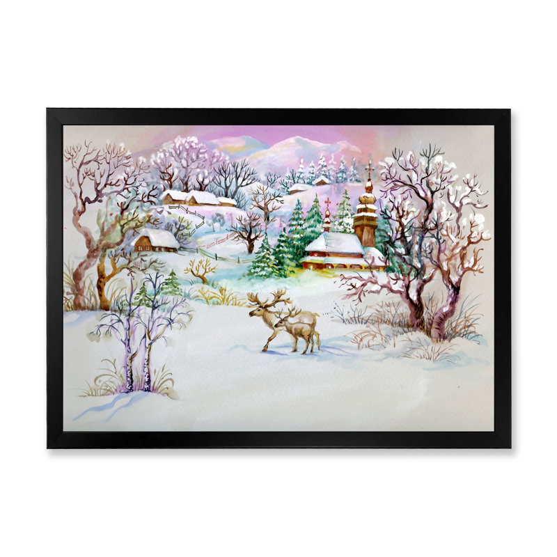 Winter Village Life - peinture sur toile, H 30 po x l 40 po x 1,5 po, Toile avec cadre noir