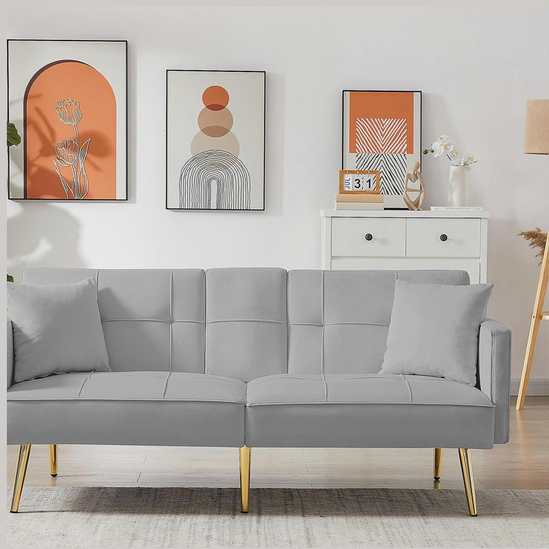 Canapé-lit futon en velours gris avec pieds en métal doré