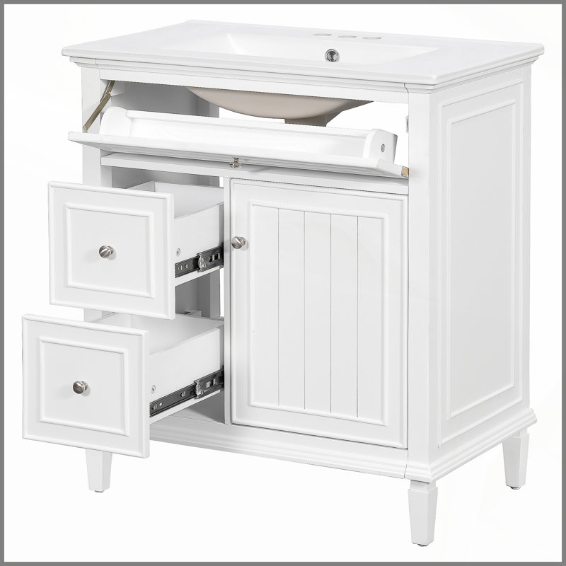 Meuble-lavabo 30 po avec lavabo, meuble-lavabo avec un tiroir rabattable et deux tiroirs, tablette réglable, bois massif et panneau de fibres à densité moyenne, blanc