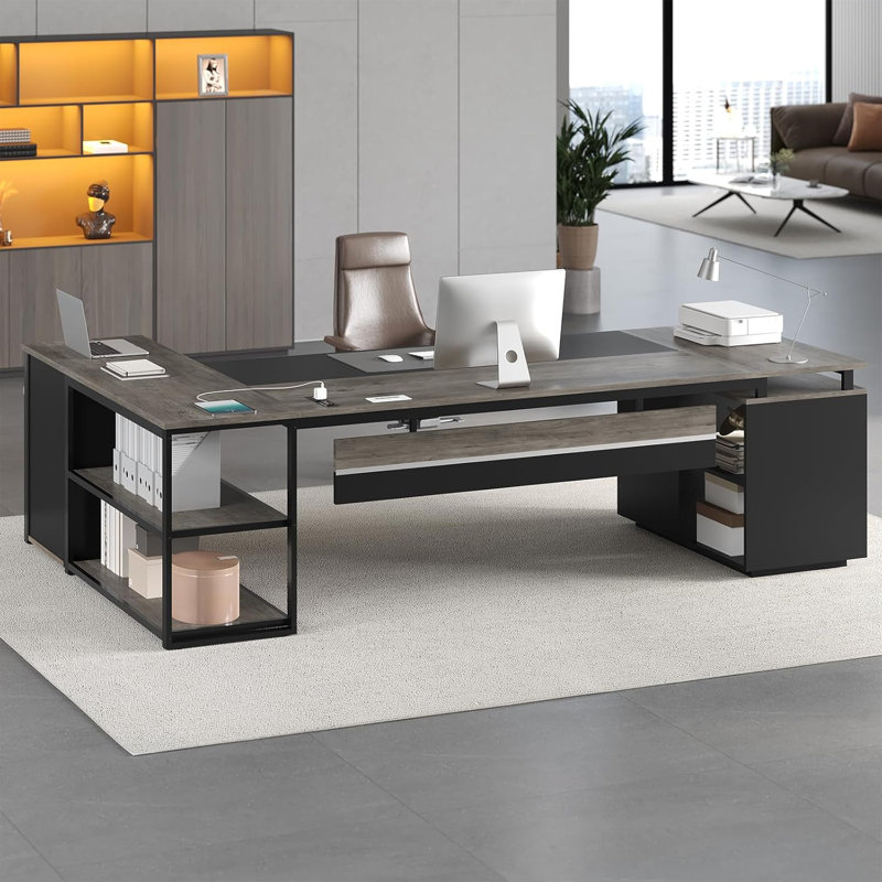 Bureau de direction 78 po avec classeur verrouillable, bureau en L avec prises de courant, écran d'intimité, gris, Grey