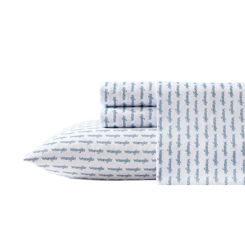 Wrangler Printed Cozy Novelty Sheet Sets, Full Sheet Set with 2 Pillowcases, Stamped Logo Blue
