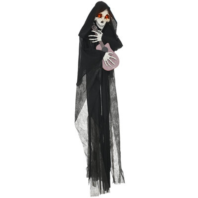 HOMCOM 4.3' Outdoor Halloween Decoration Animatronic Guitar-Playing Grim Reaper, Sound And Motion Activated Animated Prop With Light Up Eyes & Guitar Music