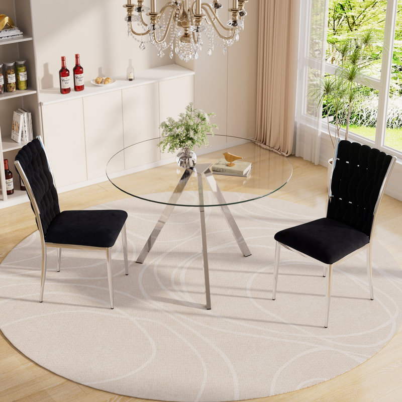 Ensemble de table de salle à manger en verre avec chaises rembourrées en velours, 3, Noir / argenté, Argent argent