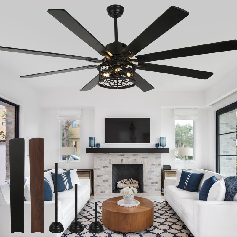 72 Inch Industrial Black Caged Ceiling Fan with Remote, Silent DC Motor Large Ceiling Fan with Light for Diningroom