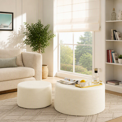 Ensemble de 2 poufs cylindriques rembourrés, repose-pieds décoratifs multifonctionnels