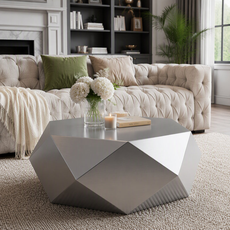 Table basse moderne en acier inoxydable, table de bout géométrique pour le salon, sans assemblage, Argent