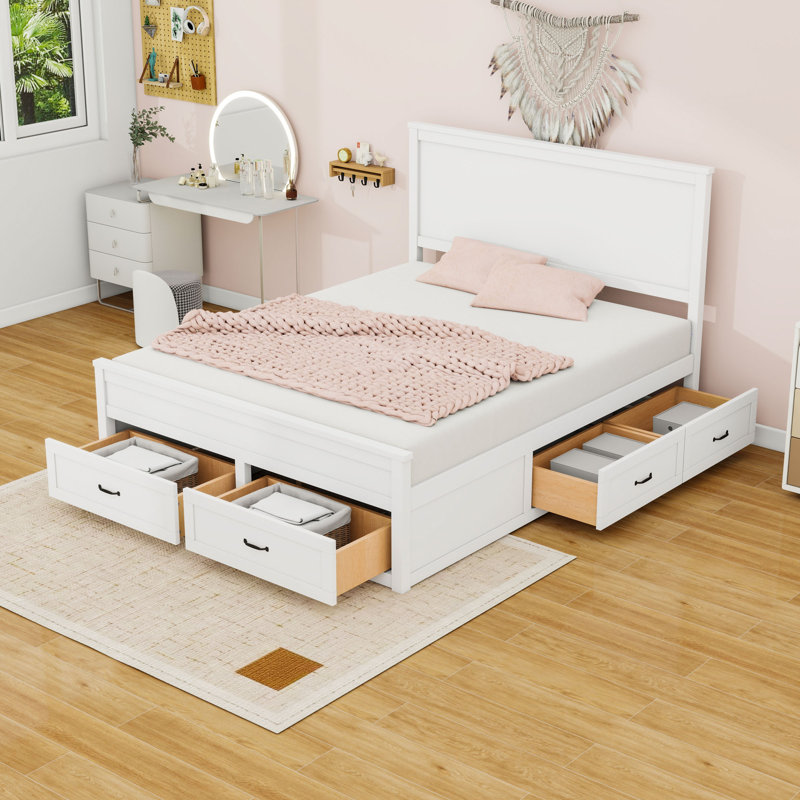 Queen Wooden Platform Bed with Storage Drawers, Headboard and Slats, White