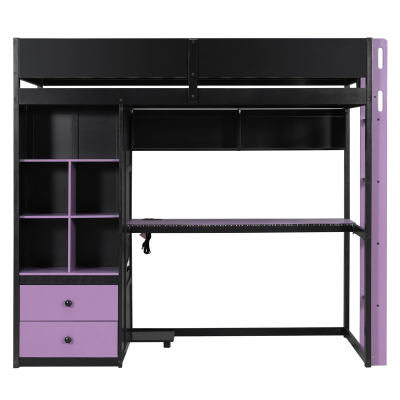 Lits mezzanine jumeaux avec rangement, bois MDF, style moderne noir et violet pour la maison, Noir 1