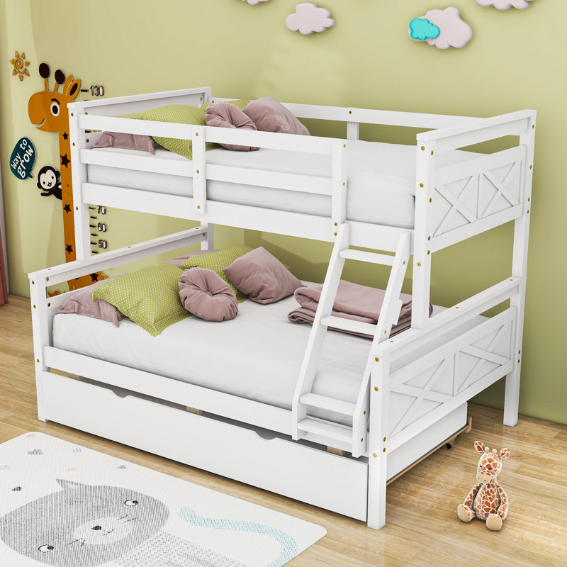 Lit superposé simple au-dessus d'un lit double en bois avec lit gigogne simple, Blanc