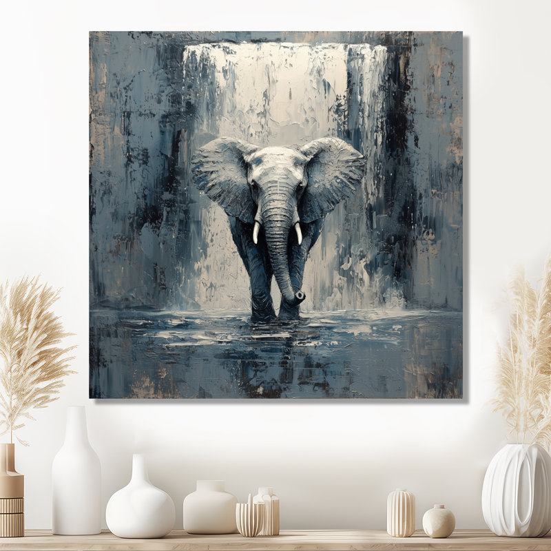 Éléphant monochrome et la cascade III - reproduction d'art moderne en métal, art mural éléphant en métal, H 16 po x l 16 po