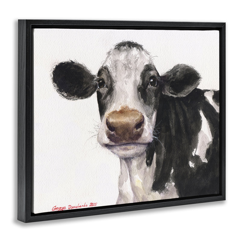 Mignonne vache avec cadre flottant à taches blanches, design par George Dyachenko, Cadre flottant noir de jais