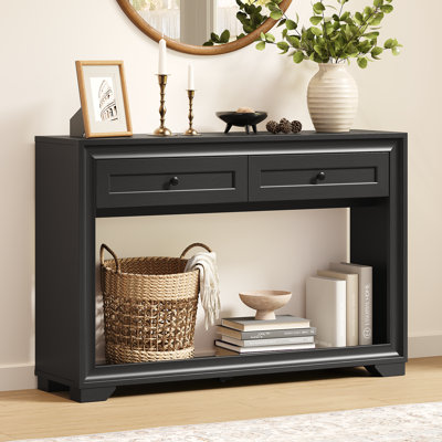 Console en bois 71 po avec 2 tiroirs et une tablette de rangement ouverte